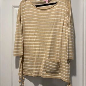 Lilly Pulitzer Elba Tunic Sweater Size Small Tan White Stripe Tassles Coastal